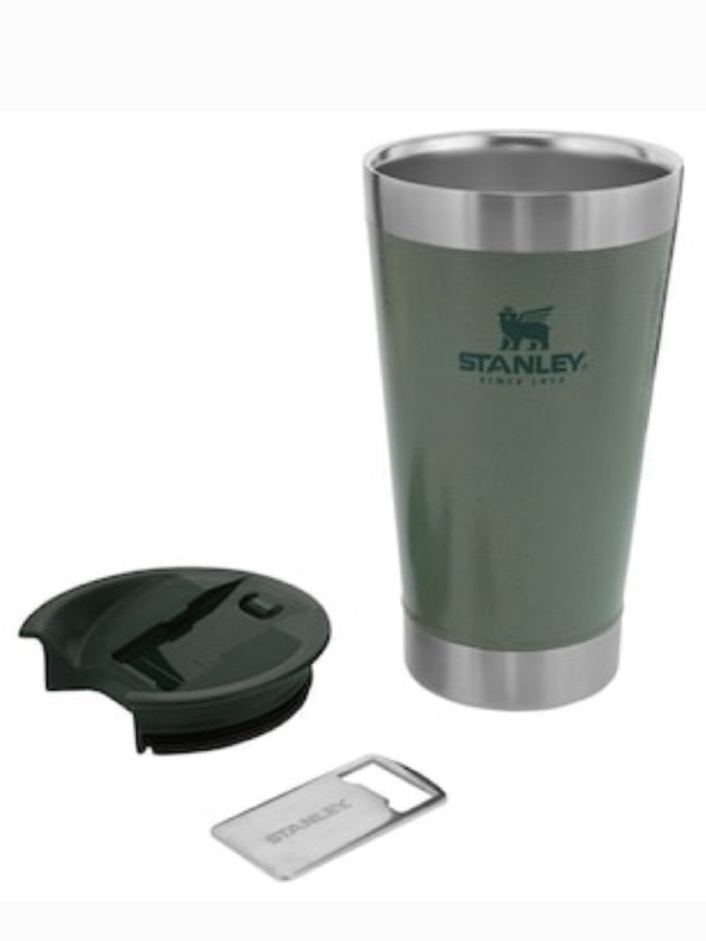 Stanley 16oz Stainless steel Insulated beer pint- Hammertone Green bottle opener